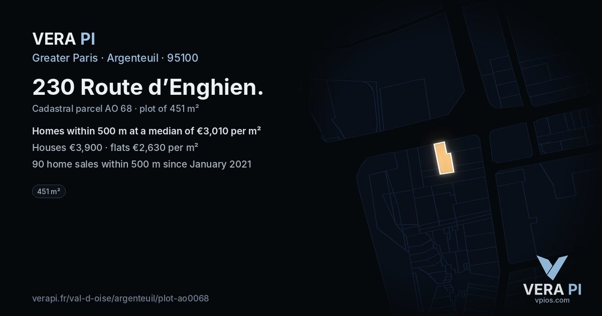 230 Route d’Enghien, Argenteuil at night – the plot lit, the parcels around coloured by the prices near them
