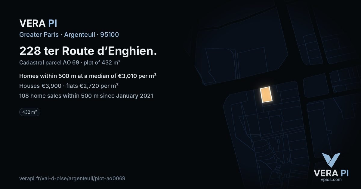 228 ter Route d’Enghien, Argenteuil at night – the plot lit, the parcels around coloured by the prices near them
