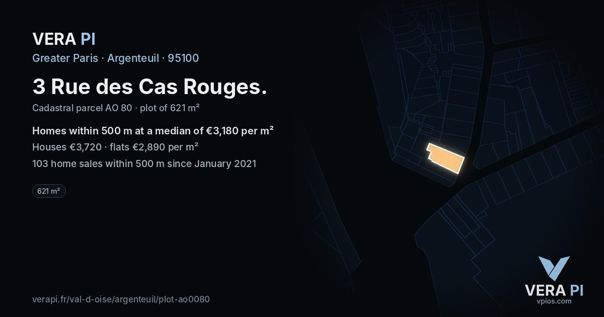 3 Rue des Cas Rouges, Argenteuil at night – the plot lit, the parcels around coloured by the prices near them