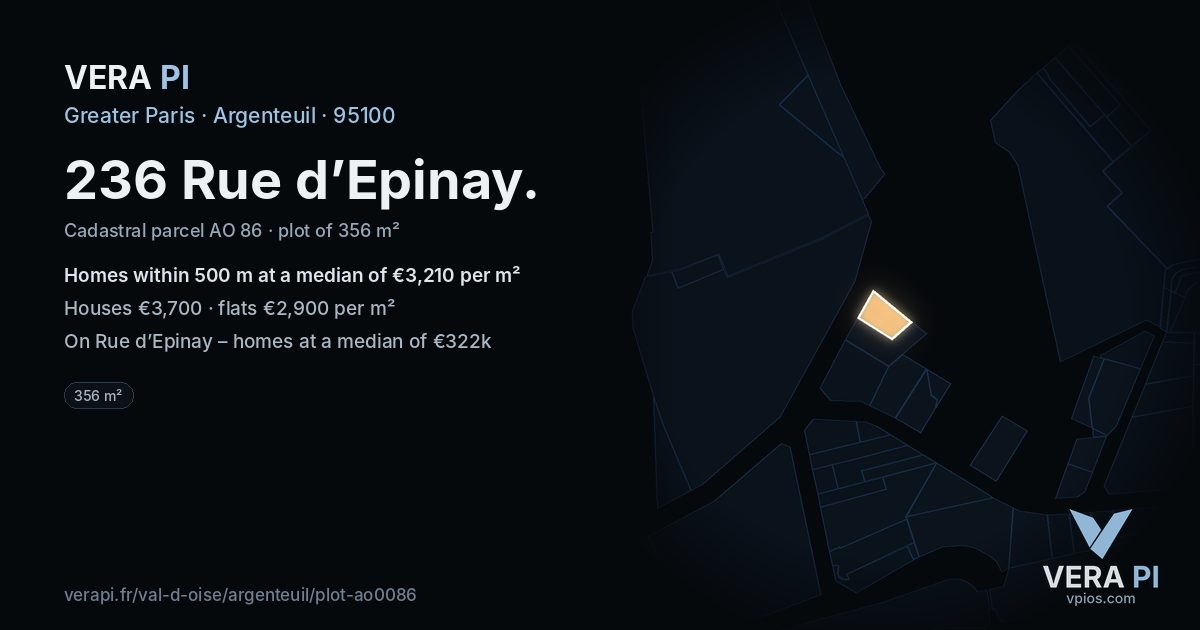 236 Rue d’Epinay, Argenteuil at night – the plot lit, the parcels around coloured by the prices near them