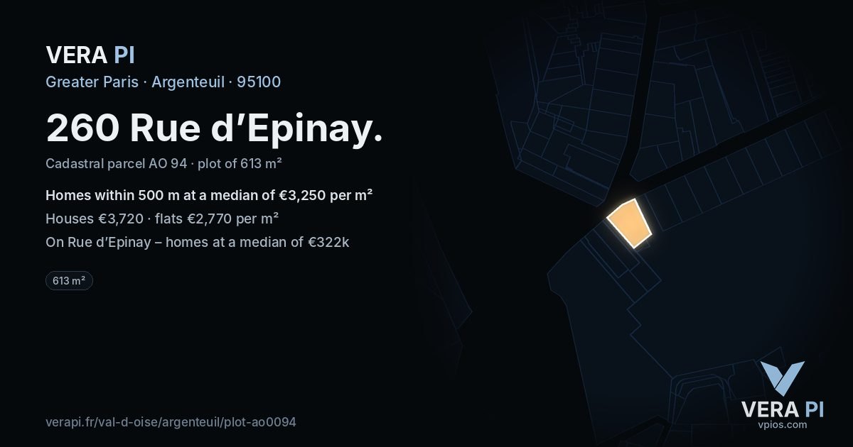 260 Rue d’Epinay, Argenteuil at night – the plot lit, the parcels around coloured by the prices near them