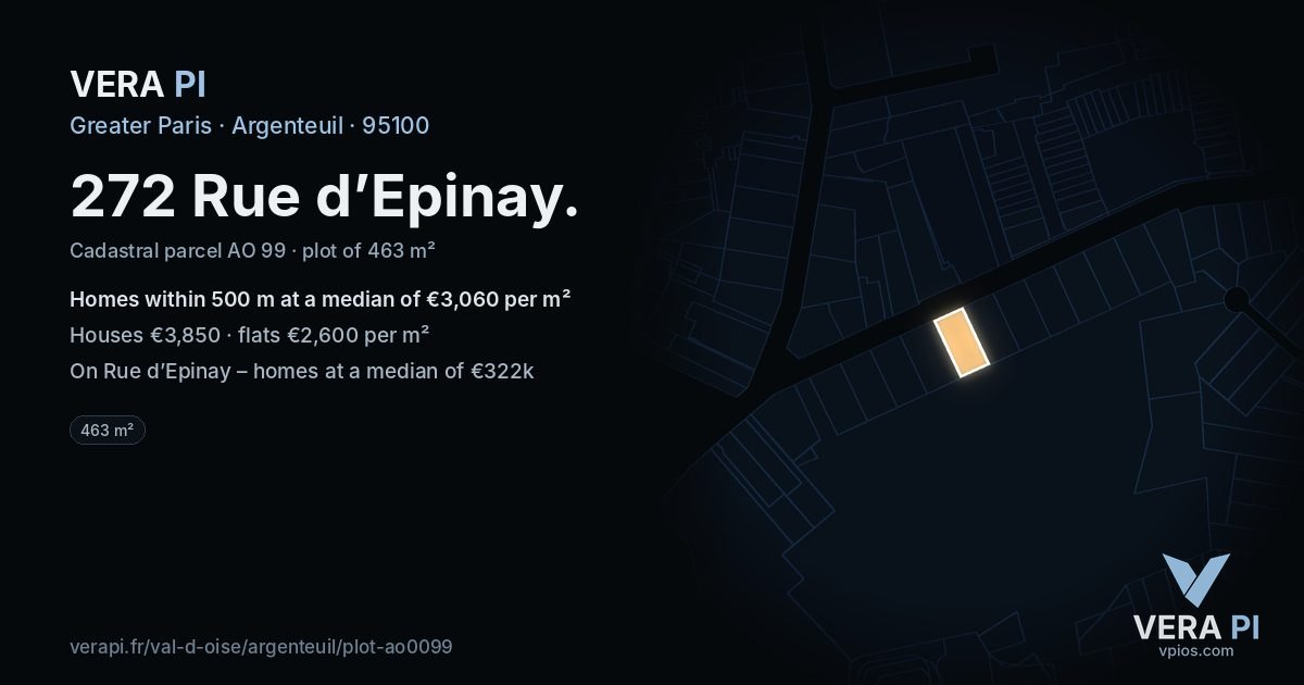 272 Rue d’Epinay, Argenteuil at night – the plot lit, the parcels around coloured by the prices near them