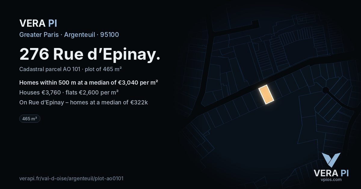 276 Rue d’Epinay, Argenteuil at night – the plot lit, the parcels around coloured by the prices near them