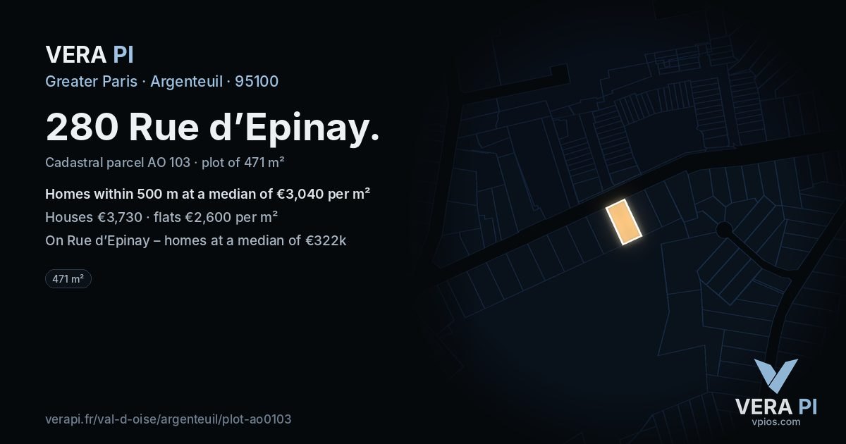 280 Rue d’Epinay, Argenteuil at night – the plot lit, the parcels around coloured by the prices near them