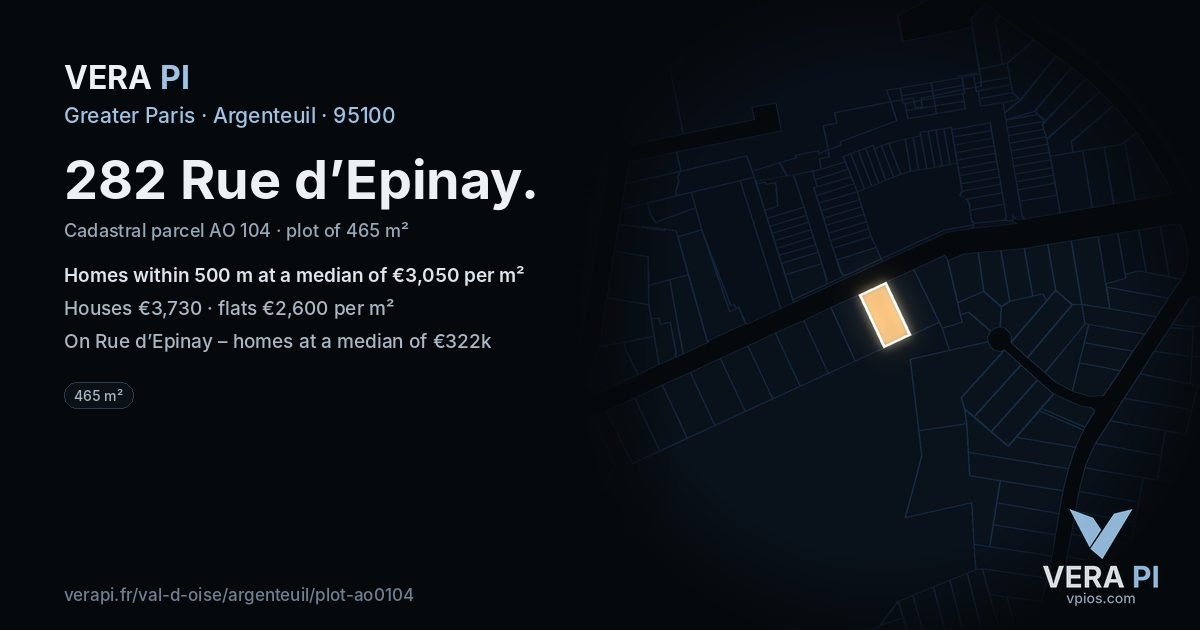 282 Rue d’Epinay, Argenteuil at night – the plot lit, the parcels around coloured by the prices near them