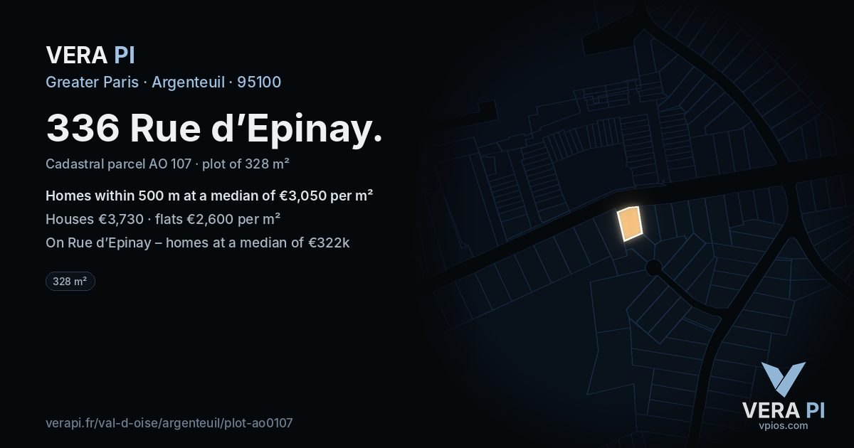 336 Rue d’Epinay, Argenteuil at night – the plot lit, the parcels around coloured by the prices near them