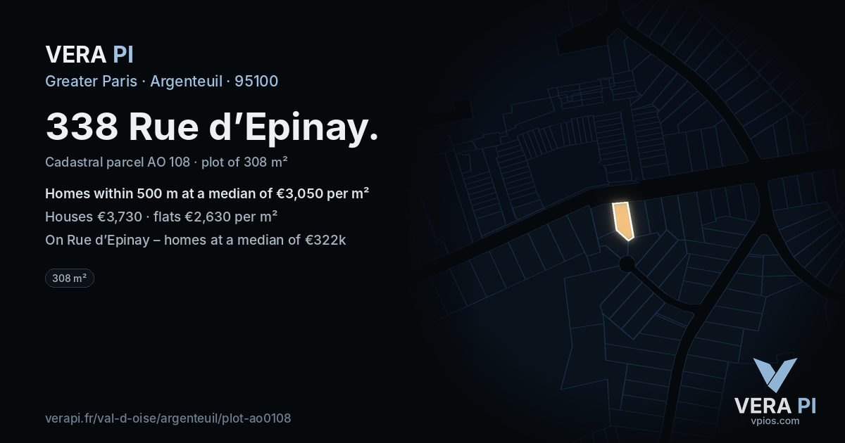 338 Rue d’Epinay, Argenteuil at night – the plot lit, the parcels around coloured by the prices near them