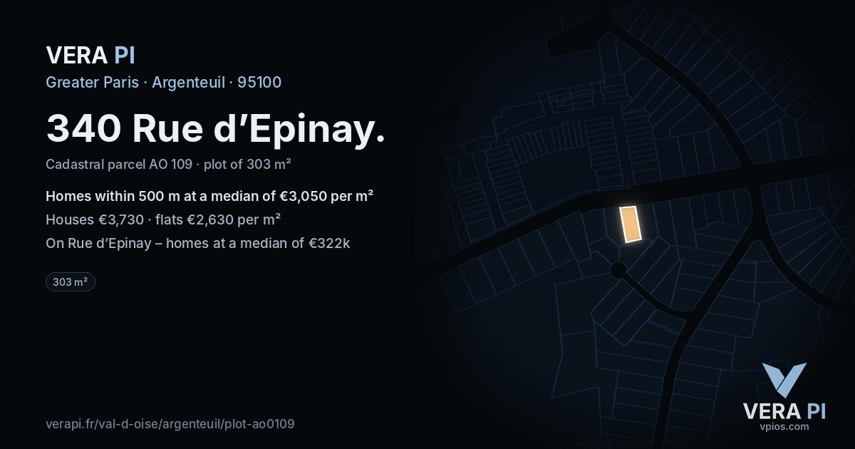 340 Rue d’Epinay, Argenteuil at night – the plot lit, the parcels around coloured by the prices near them