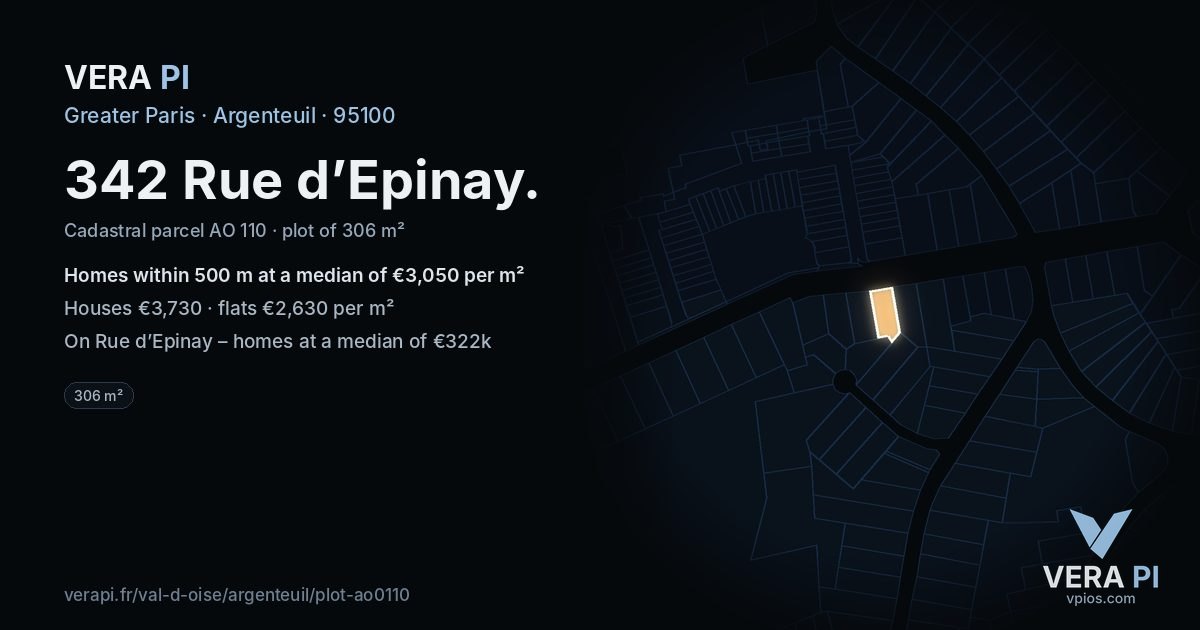 342 Rue d’Epinay, Argenteuil at night – the plot lit, the parcels around coloured by the prices near them