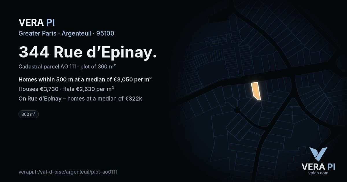 344 Rue d’Epinay, Argenteuil at night – the plot lit, the parcels around coloured by the prices near them