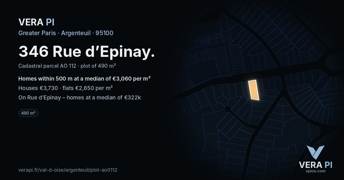 346 Rue d’Epinay, Argenteuil at night – the plot lit, the parcels around coloured by the prices near them