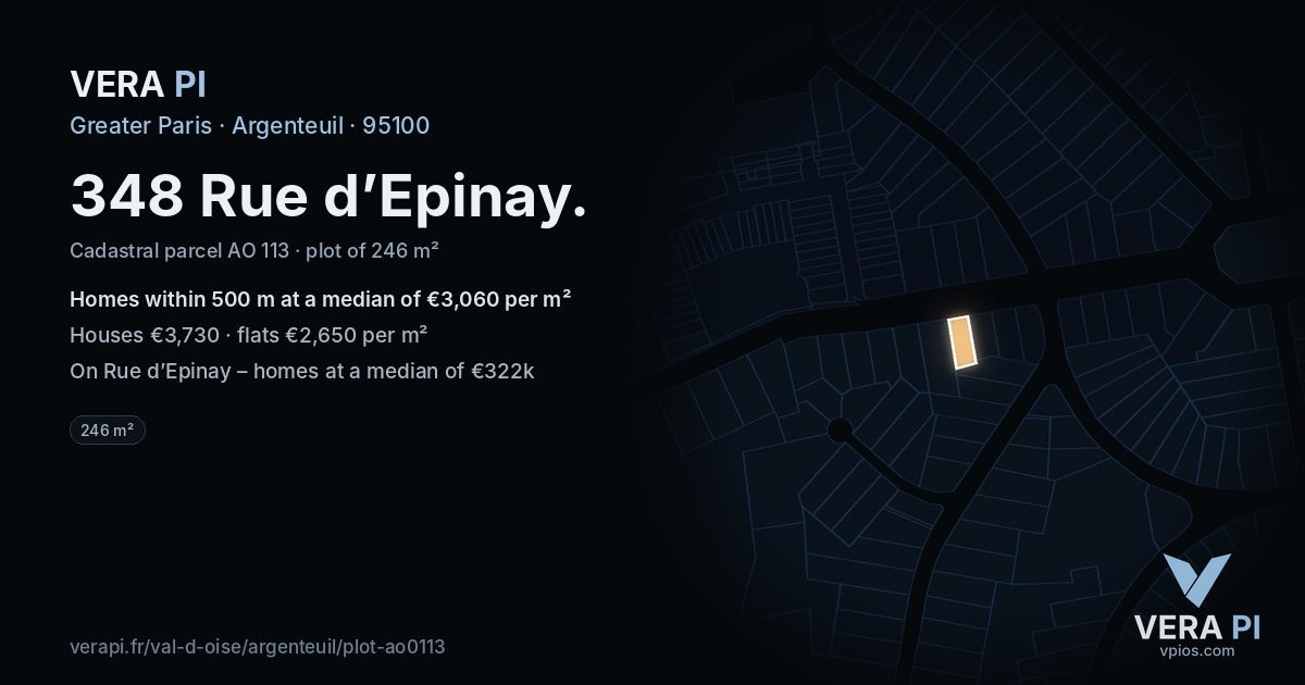 348 Rue d’Epinay, Argenteuil at night – the plot lit, the parcels around coloured by the prices near them
