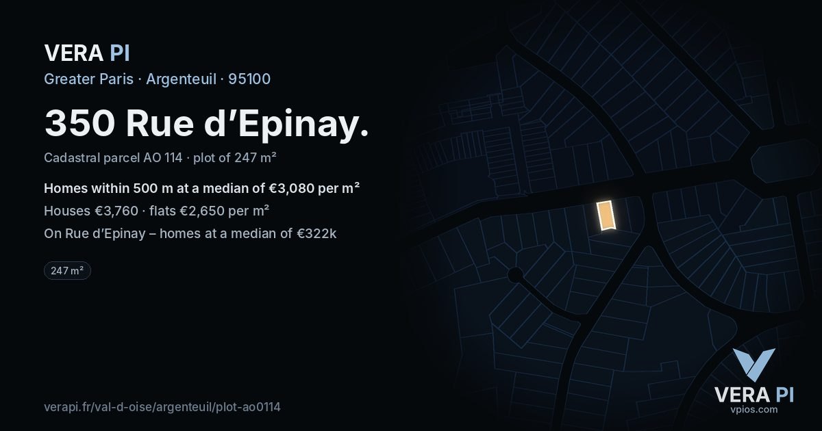 350 Rue d’Epinay, Argenteuil at night – the plot lit, the parcels around coloured by the prices near them