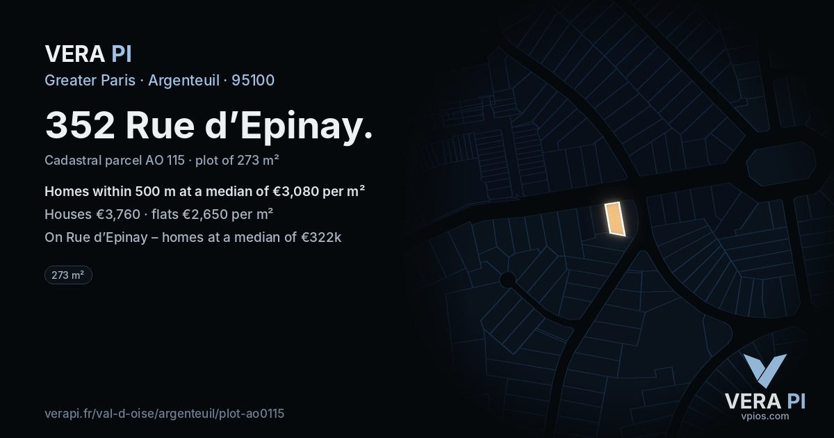 352 Rue d’Epinay, Argenteuil at night – the plot lit, the parcels around coloured by the prices near them