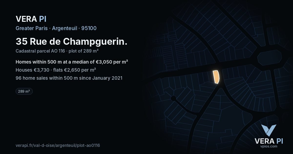 35 Rue de Champguerin, Argenteuil at night – the plot lit, the parcels around coloured by the prices near them