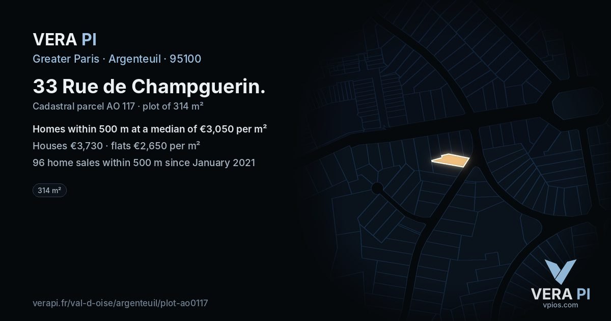 33 Rue de Champguerin, Argenteuil at night – the plot lit, the parcels around coloured by the prices near them