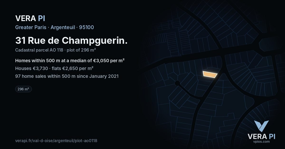 31 Rue de Champguerin, Argenteuil at night – the plot lit, the parcels around coloured by the prices near them