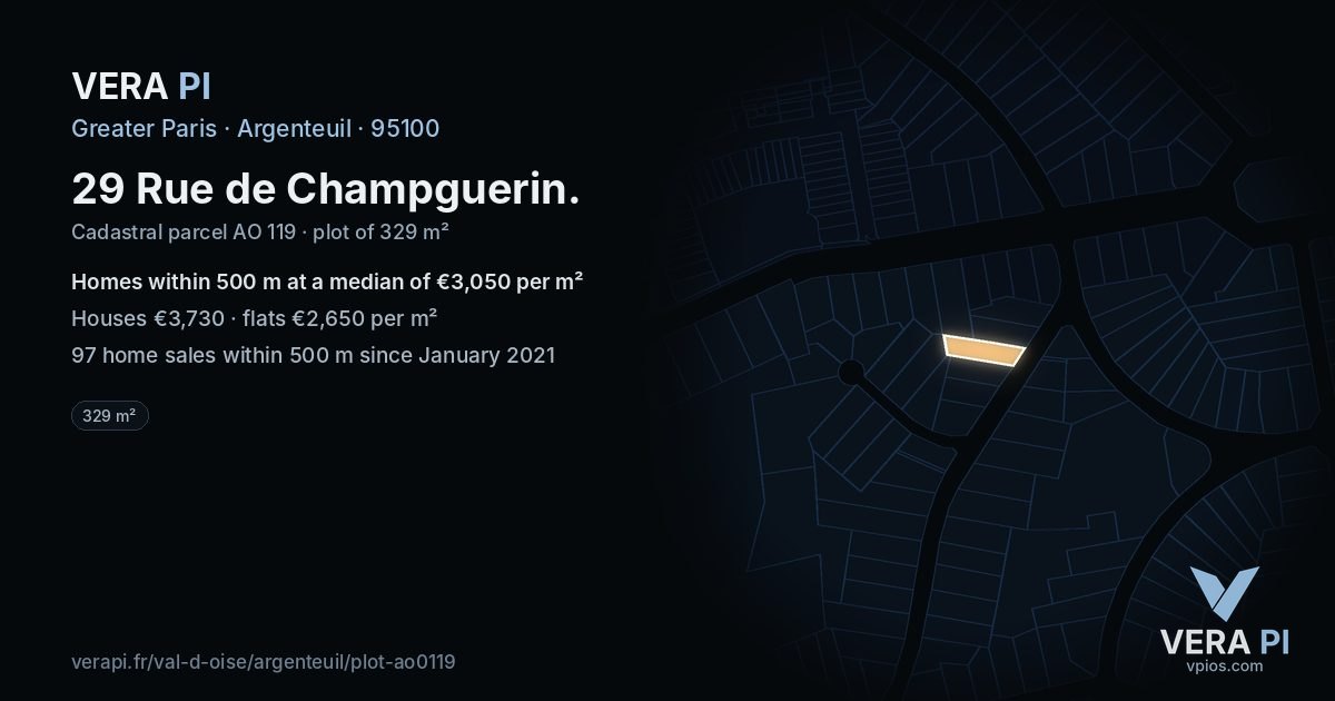 29 Rue de Champguerin, Argenteuil at night – the plot lit, the parcels around coloured by the prices near them