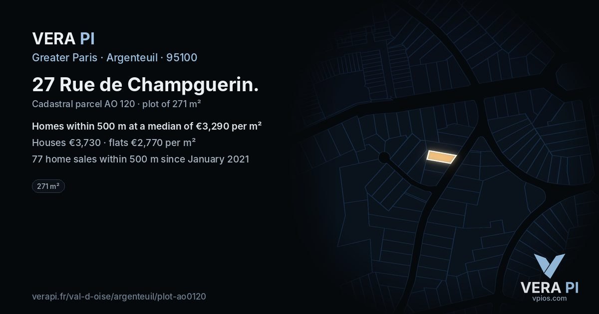 27 Rue de Champguerin, Argenteuil at night – the plot lit, the parcels around coloured by the prices near them