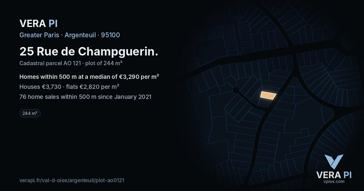 25 Rue de Champguerin, Argenteuil at night – the plot lit, the parcels around coloured by the prices near them