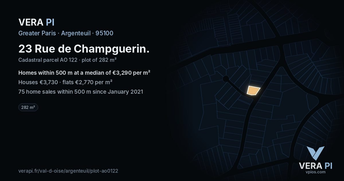 23 Rue de Champguerin, Argenteuil at night – the plot lit, the parcels around coloured by the prices near them