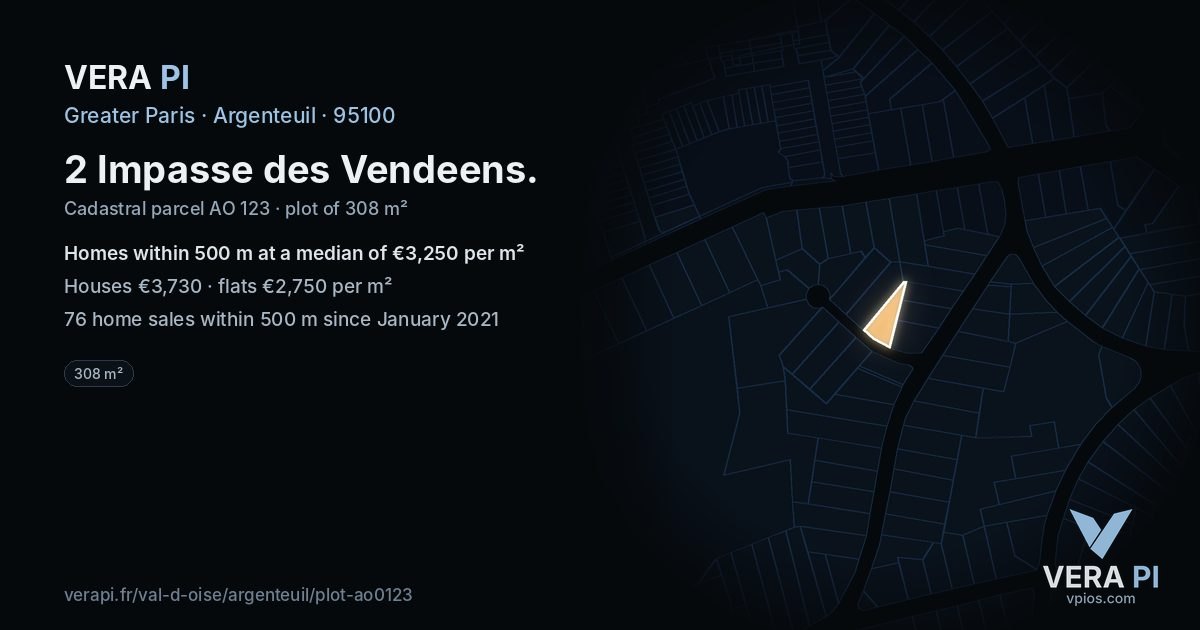 2 Impasse des Vendeens, Argenteuil at night – the plot lit, the parcels around coloured by the prices near them