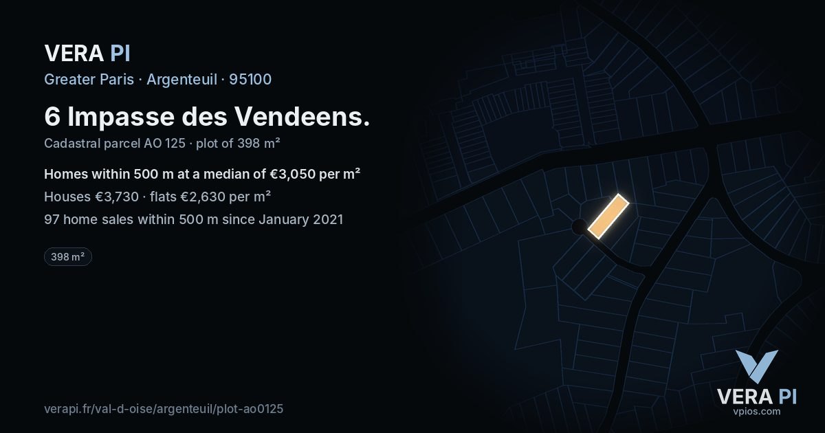 6 Impasse des Vendeens, Argenteuil at night – the plot lit, the parcels around coloured by the prices near them
