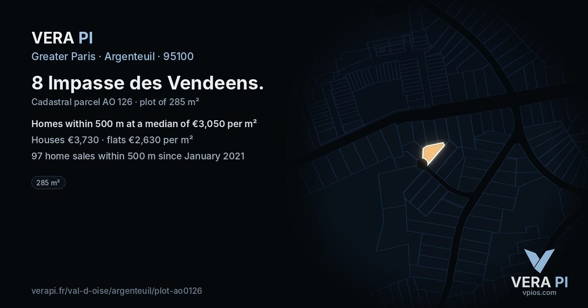 8 Impasse des Vendeens, Argenteuil at night – the plot lit, the parcels around coloured by the prices near them