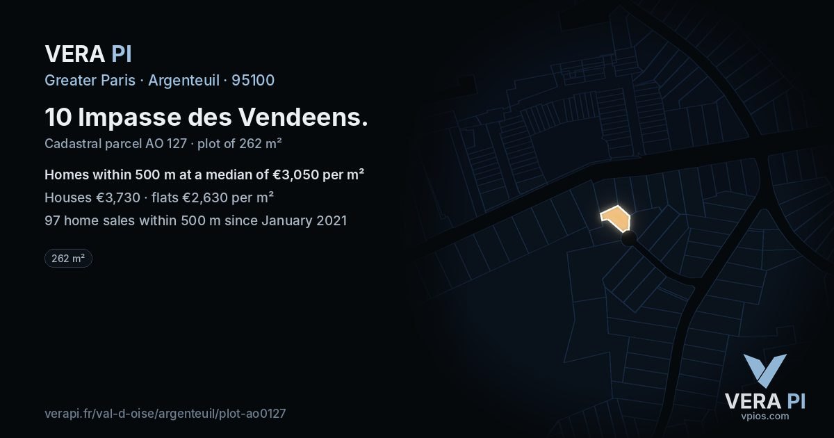 10 Impasse des Vendeens, Argenteuil at night – the plot lit, the parcels around coloured by the prices near them