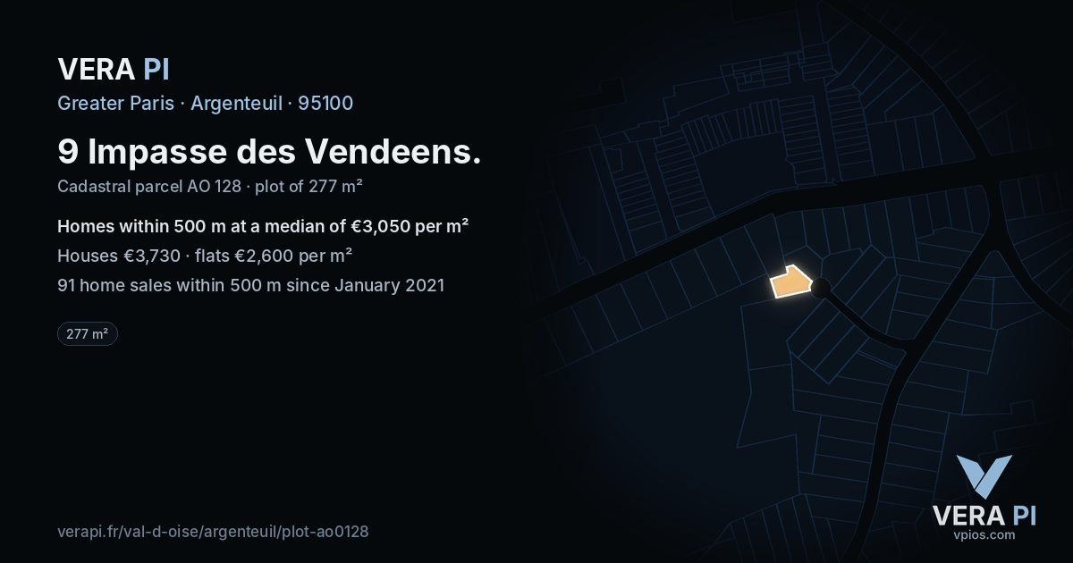 9 Impasse des Vendeens, Argenteuil at night – the plot lit, the parcels around coloured by the prices near them