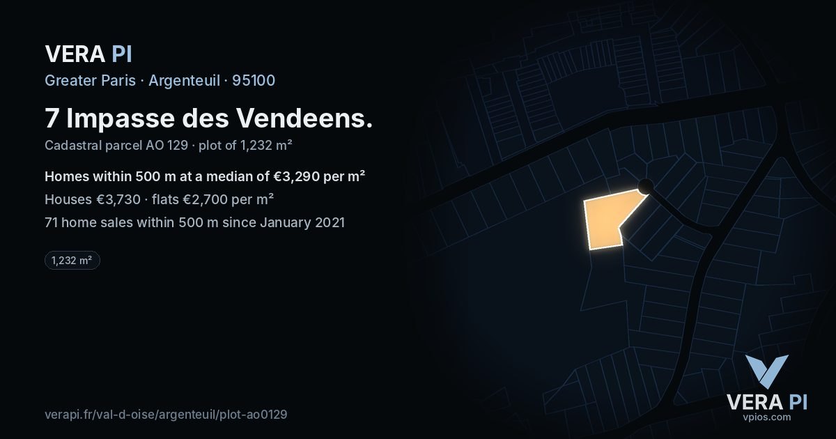 7 Impasse des Vendeens, Argenteuil at night – the plot lit, the parcels around coloured by the prices near them