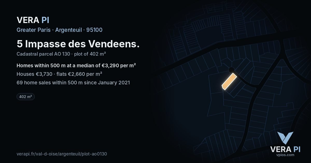5 Impasse des Vendeens, Argenteuil at night – the plot lit, the parcels around coloured by the prices near them