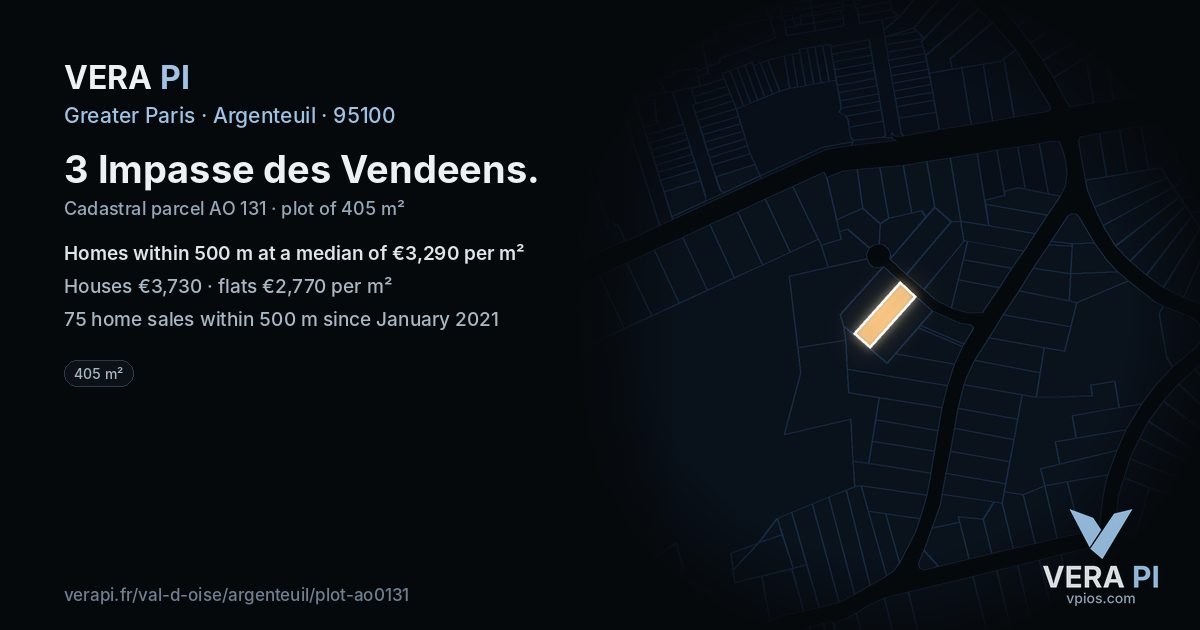 3 Impasse des Vendeens, Argenteuil at night – the plot lit, the parcels around coloured by the prices near them