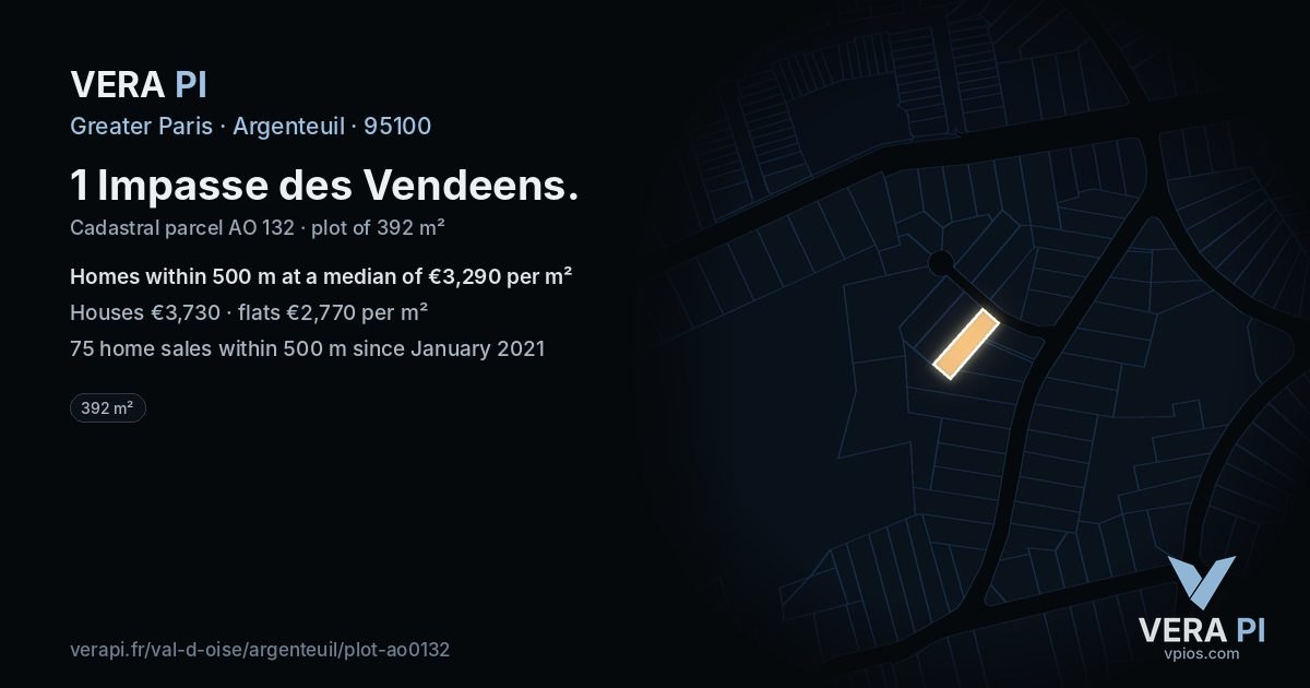 1 Impasse des Vendeens, Argenteuil at night – the plot lit, the parcels around coloured by the prices near them