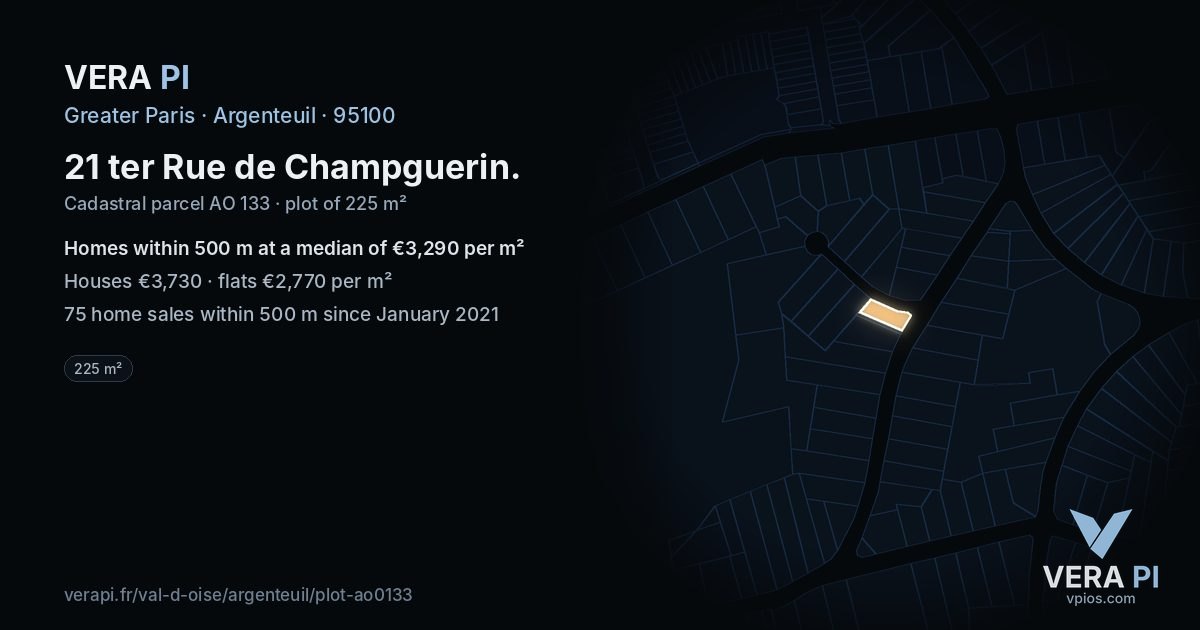 21 ter Rue de Champguerin, Argenteuil at night – the plot lit, the parcels around coloured by the prices near them