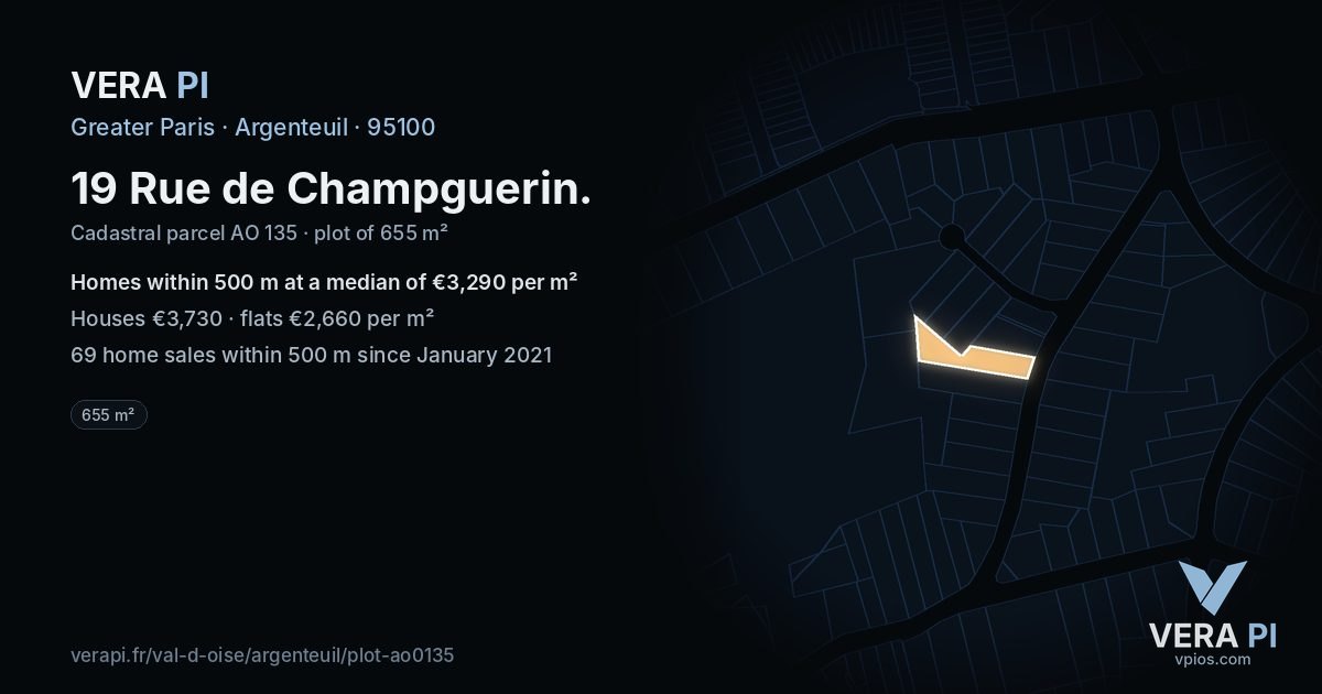 19 Rue de Champguerin, Argenteuil at night – the plot lit, the parcels around coloured by the prices near them