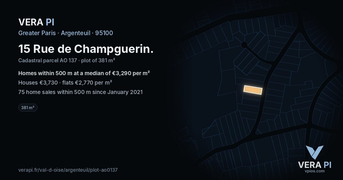 15 Rue de Champguerin, Argenteuil at night – the plot lit, the parcels around coloured by the prices near them