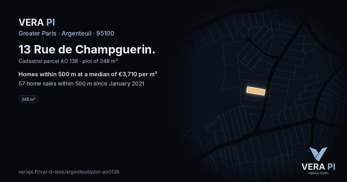 13 Rue de Champguerin, Argenteuil at night – the plot lit, the parcels around coloured by the prices near them
