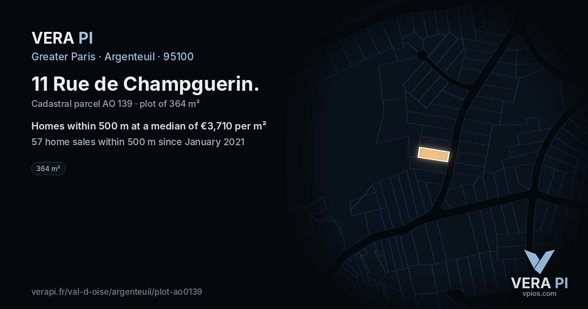 11 Rue de Champguerin, Argenteuil at night – the plot lit, the parcels around coloured by the prices near them