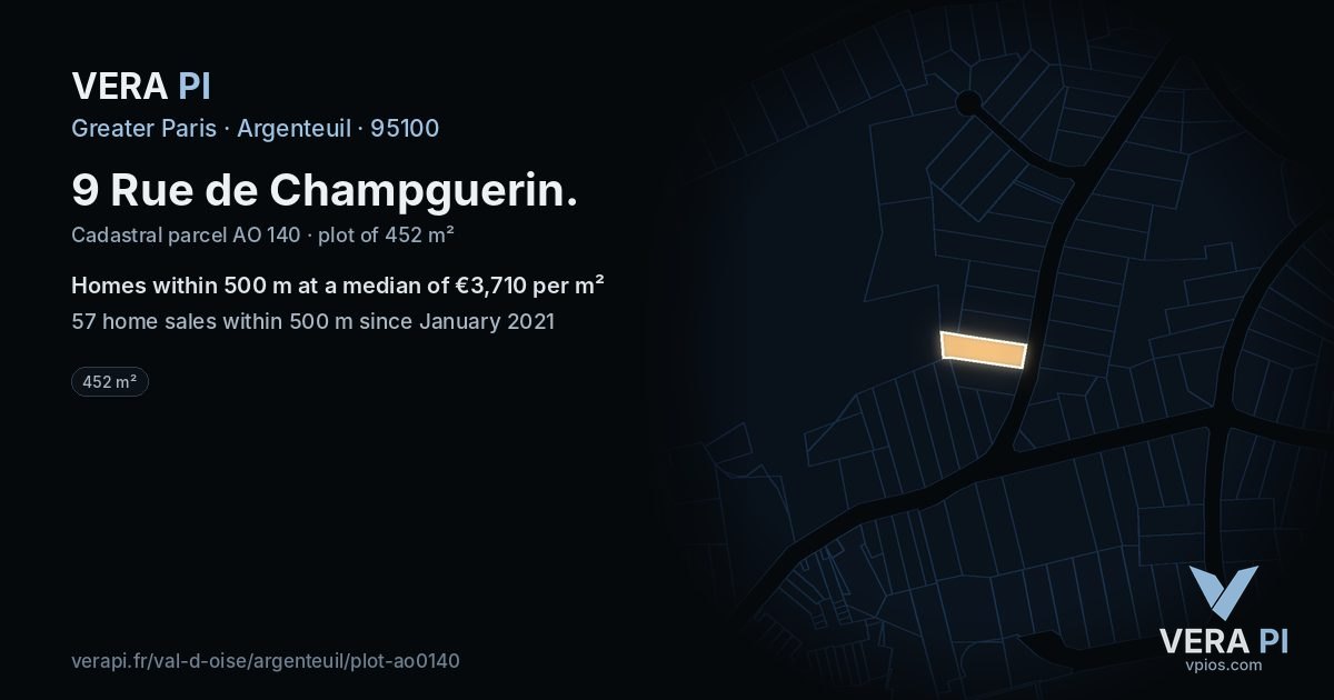9 Rue de Champguerin, Argenteuil at night – the plot lit, the parcels around coloured by the prices near them
