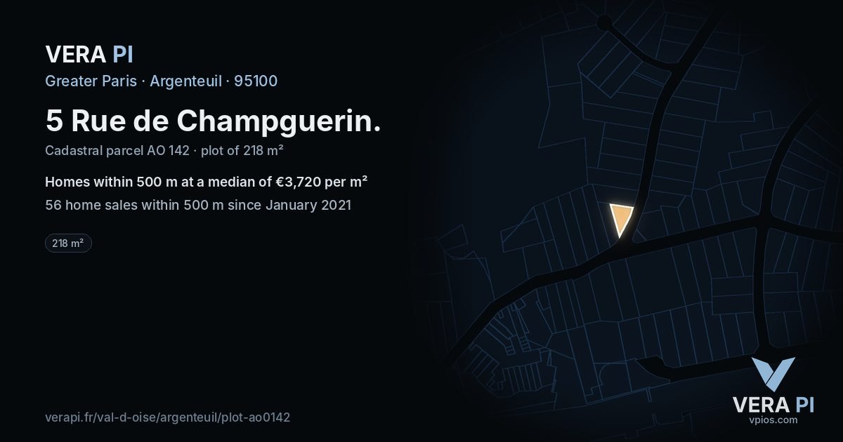 5 Rue de Champguerin, Argenteuil at night – the plot lit, the parcels around coloured by the prices near them