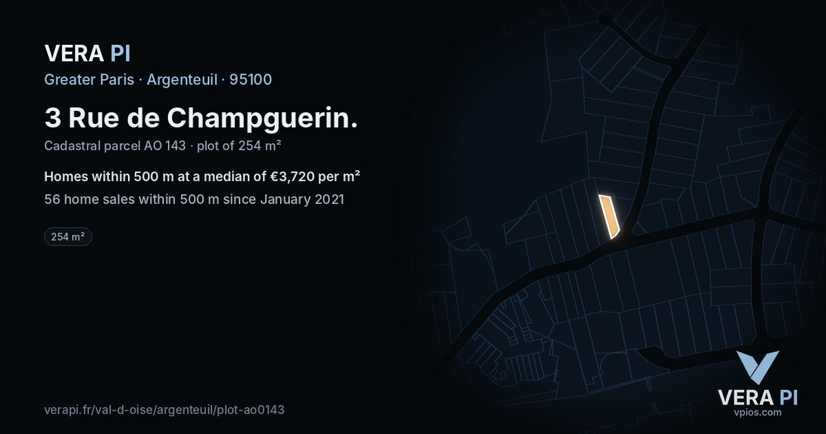 3 Rue de Champguerin, Argenteuil at night – the plot lit, the parcels around coloured by the prices near them