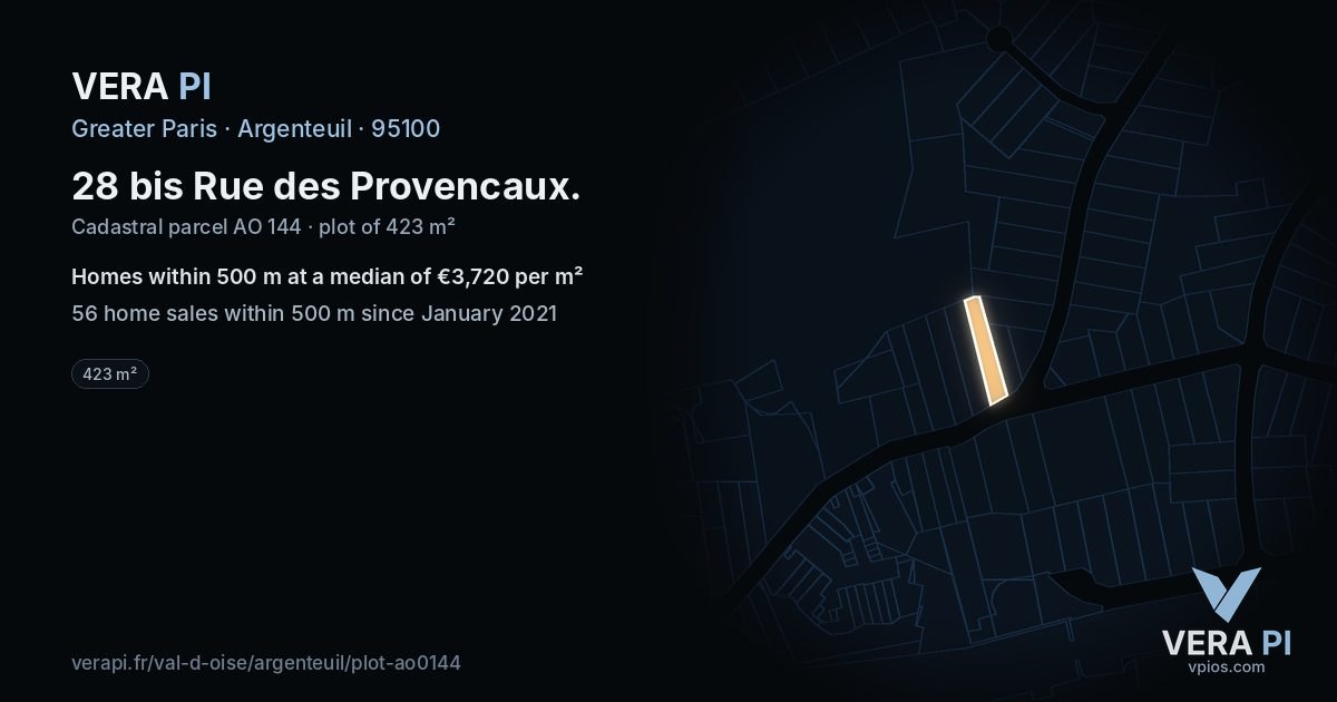 28 bis Rue des Provencaux, Argenteuil at night – the plot lit, the parcels around coloured by the prices near them