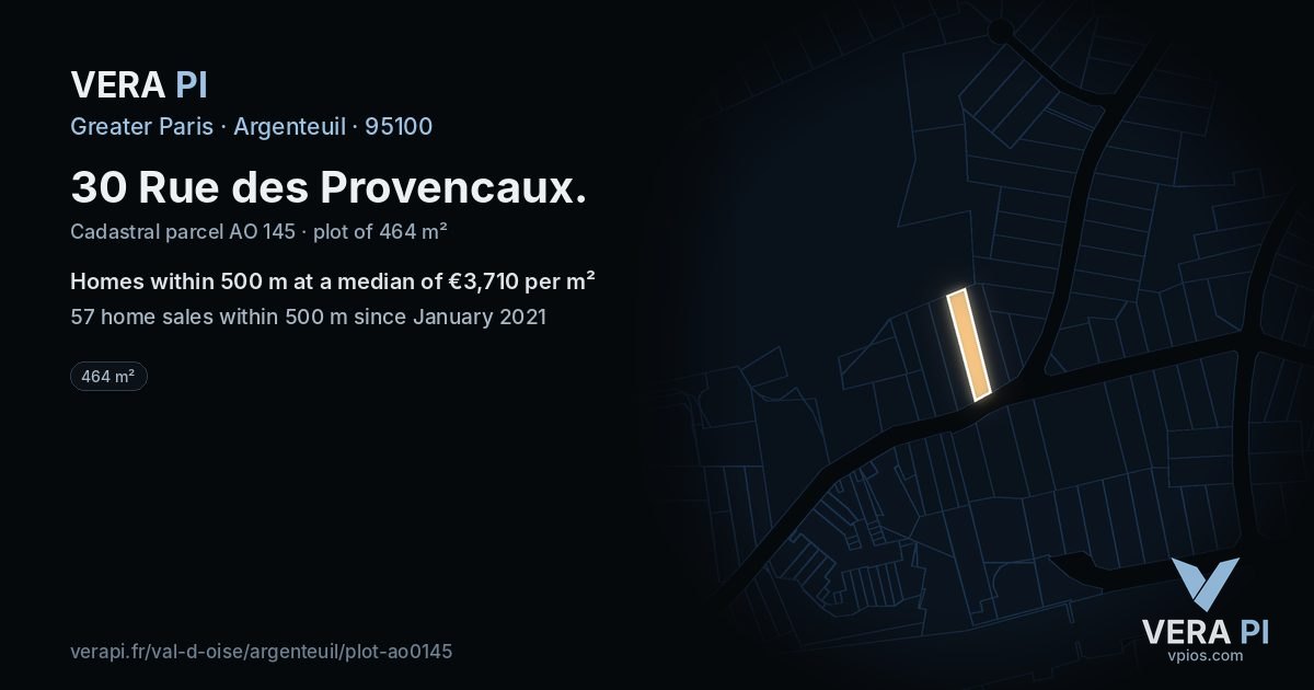 30 Rue des Provencaux, Argenteuil at night – the plot lit, the parcels around coloured by the prices near them