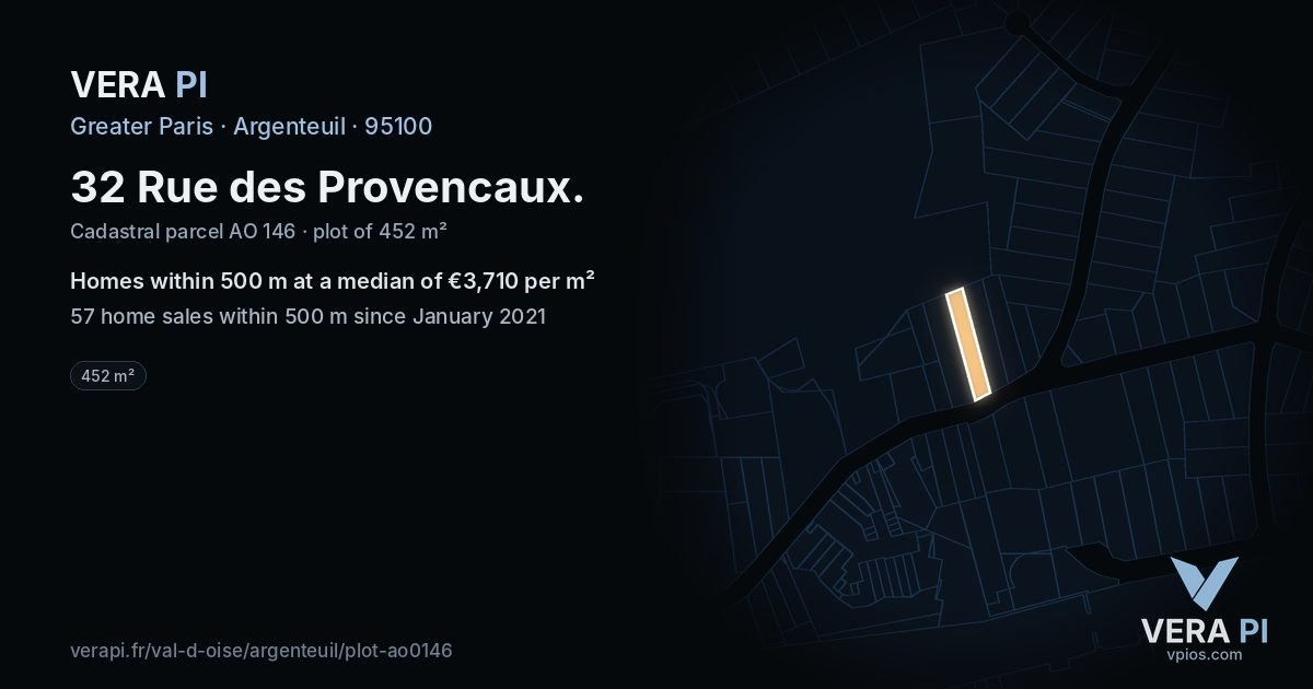 32 Rue des Provencaux, Argenteuil at night – the plot lit, the parcels around coloured by the prices near them