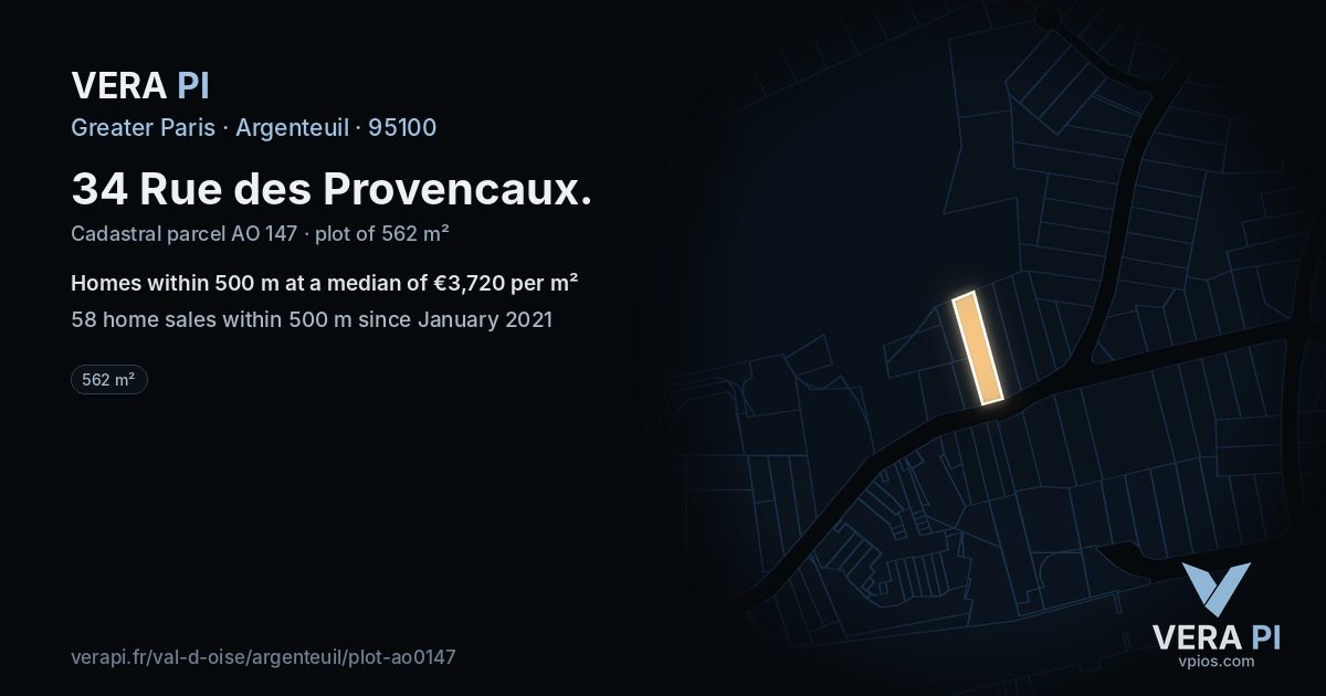 34 Rue des Provencaux, Argenteuil at night – the plot lit, the parcels around coloured by the prices near them