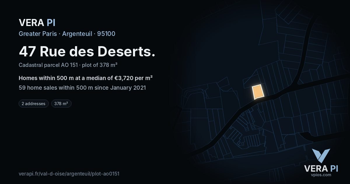 47 Rue des Deserts, Argenteuil at night – the plot lit, the parcels around coloured by the prices near them