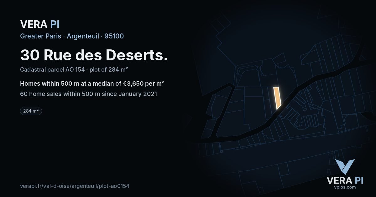 30 Rue des Deserts, Argenteuil at night – the plot lit, the parcels around coloured by the prices near them