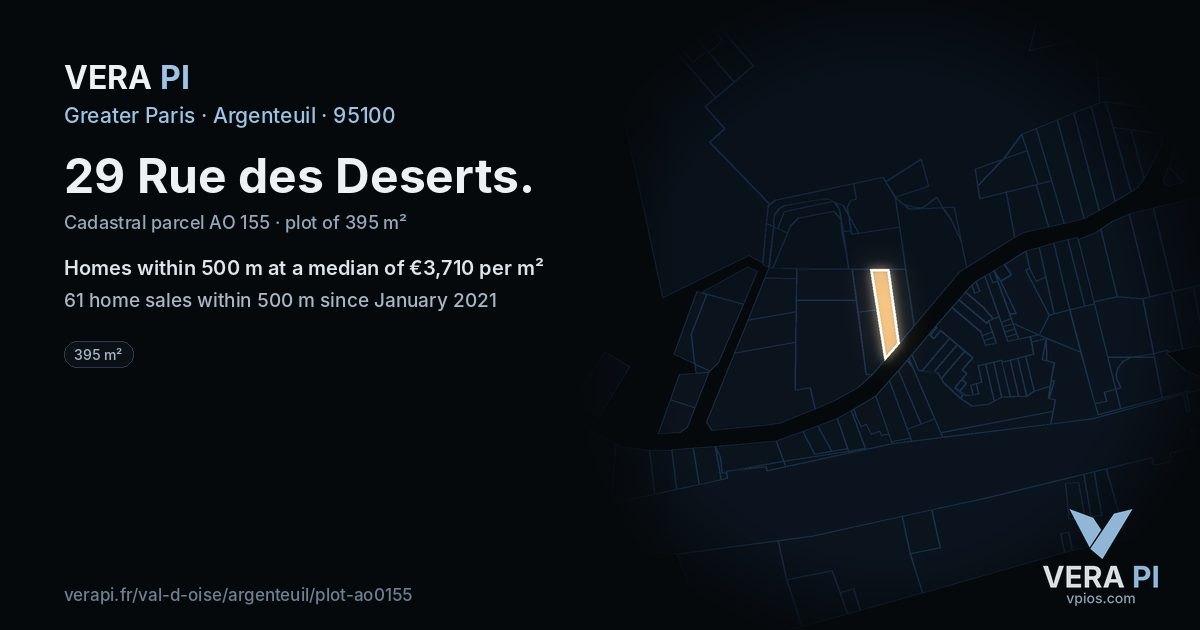 29 Rue des Deserts, Argenteuil at night – the plot lit, the parcels around coloured by the prices near them