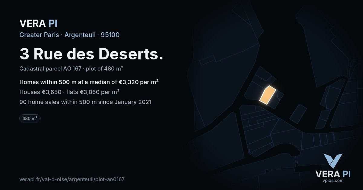 3 Rue des Deserts, Argenteuil at night – the plot lit, the parcels around coloured by the prices near them